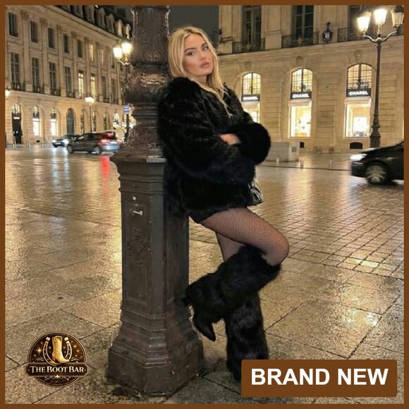 3.3-Inch Chunky Heel Knee High Faux Fur Boots Wide Calf Side Zipper - Picture 4 of 8